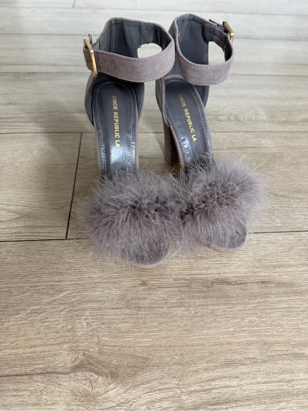 Shoe Republic LA Taupe Suede Pom-Pom Ankle Strap Heels